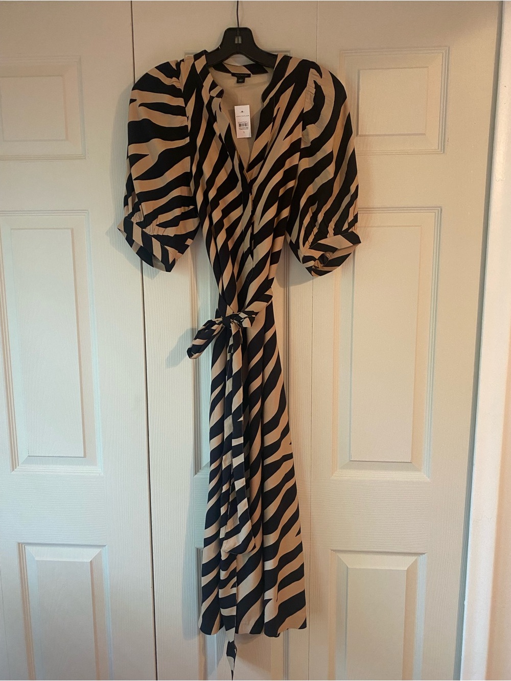 Neutral Zebra-Print Wrap Dress with Puff Sleeves
